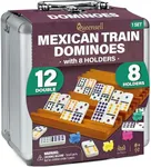 Queensell Mexican Train Dominoes Set with 8 Holders - Wooden Hub and Tiles Holders - Double 12 Tiles with Dots (D12 + 8 Holders)