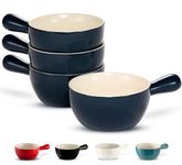 Kook French Onion Soup Crocks, Stackable Ceramic Bowls with Handles, Oven, Microwave and Dishwasher Safe, for Cereal, Soups, Casseroles, with Handle, Stoneware, 24 oz, Set of 4, Navy