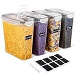 SIKITUT Cereal Storage Container Set, Plastic Food Storage Containers, Kitchen Dispenser Keepers Set of 4 for Cereal, Snacks, Flour, Sugar with Locking Lids, 3.7L BPA Free, Bonus 8 Labels and Marker