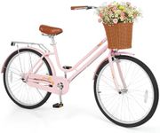 GYMAX Beach Cruiser Bike for Adults, 24/26 Inch Commuter Bicycle for Women w/Rattan Basket, Low Step-Through Frame, Rear Rack & Adjustable Seat, City Bike (26 inch,Pink)