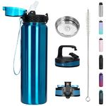 OLDLEY Stainless Steel Water Bottle with Straw 1L Vaccum Insulated Large Drink Flask Metal Water Bottles Leakproof Keep Drinks Hot Cold for Bike Sports Gym with Different Lids（Bright Blue, 3 Lids)