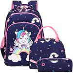 School Backpack for Girls Unicorn Backpack with Chest Strap School Bookbag for Elementary Kids Backpack with Lunch Tote Pencil Pouch 3 in 1 Sets