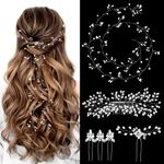 Alltope 6 PCS Wedding Hair Vine for Brides, 39.4 Inch Crystal Beads Bridal Hair Pieces with 4 Rhinestone Hair Pins & 1 Pearl Hair Comb, Bridal Hair Accessories Wedding Headband for Brides Bridesmaids