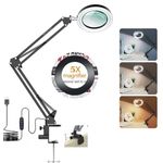 BROLAVIYA Overhead 5X Magnifying Glass with Led Light and Stand, 3 Color Modes Dimmable, Large 2 Way Base clamp, Magnifier Desk Lamp for Close Work, Repair, Crafts, Makeup, Reading, Photography