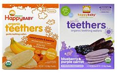 Happy Baby Organic Teethers Gentle Teething Wafers 2 Flavor Sampler Bundle: (1) Sweet Potato & Banana Teething Wafers, and (1) Blueberry & Purple Carrot Teething Wafers, 1.7 Oz. Ea.