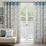 Fusion - Duck Egg Blue Leaf Curtains W66 x L90 (168 x 229cm) - 100% Cotton - 2x Panels - Eyelet Curtains in Duck Egg - Blue Floral Curtains for Bedroom & Living Room - Beechwood Collection