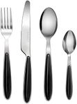 EXZACT Cutlery 16pcs Stainless Steel with Black Handles Flatware Silverware - 4 Forks, 4 Dinner Knives, 4 Dinner Spoons, 4 Teaspoons - Dishwasher Safe