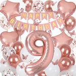 9th Birthday Decorations for Girls, Rose Gold 40 Inch Age 9 Foil Birthday Balloons with Happy Birthday Banner and Butterfly Stickers, for Baby Shower, Girls Women Birthday Party