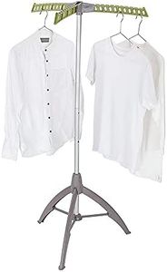 Collapsible Clothes Drying Rack, Portable Garment Racks Indoor, Foldable Standing Laundry Racks for Drying Clothes, Tripod Stand, Hangaway Garment Rack, Steamer Hanger Stand, Green and Grey