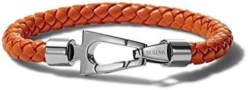 Bulova Jewelry Men's Marine Star Braided Leather Bracelet with Tuning Fork Clasp, Medium, Leather Metal