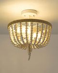 ELYONA Boho Birch Wood Beaded Chandelier, Farmhouse Flush Mount Ceiling Light, 13" Rustic Ceiling Light Fixture, 2-Light Boho Light Fixture for Bedroom, Entryway, Hallway, Kitchen, Girl Room, White
