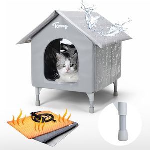 Toozey Outdoor Cat House, Waterproof Cat Shelter Extra with Heating Pad for Stray/Barn Cats, Elevated Feral Cats House with Inside Insulated Aluminum Sunburn Protection