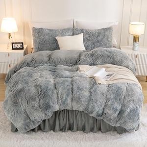 Andency Faux Fur Tie-Dyed Grey White Comforter for Queen Size Bed, 3 Pieces Fluffy Fuzzy Plush Bedding Comforter Set (1 Shaggy Velvet Comforter & 2 Pillowcases), Soft Puffy Down Comforter Bedding Set