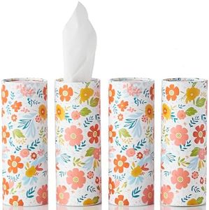 GOMEW Car Tissue Holder Cylinder - 4 Pack, 50 3-Ply Tissues per Cylinder, Fits Car Cup Holders, Portable, Floral Design, Round Tissue Box for Car