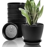 FORAGIFT 15cm Plant Pots Indoor, 6 Pack Stripe Grooves Plastic Flower Pots with Drainage Holes and Tray, Modern Decorative Planter Pot for All House Plants, Black