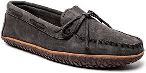 Minnetonka Men's Tie Tread - Suede Mocassins for Men - Water-Resistant Indoor Outdoor Slippers with MinnTREAD Rubber Sole, Grey Ruff, 12 US