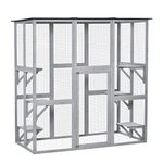 PawHut Large Outdoor Catio Enclosure, Weatherproof Cat House with Asphalt Roof, Wooden Cat Patio Cage with 6 Balanced Platforms, 71" x 39" x 71", Grey