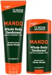 Mando Whole Body Deodorant - Invisible Cream Tube and Solid Stick - 72 Hour Odor Control - Aluminum Free, Baking Soda Free, Skin Safe - 3.0 Oz Tube and 2.6 Oz Solid Stick - Clover Woods