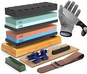 IMAYCC Knife Sharpening Stone Set - 400/1000 and 3000/8000 Grit Whetstone Knife Sharpener Set with Non-Slip Rubber, Angle Guide, Flattening Stone, Leather Strop and Cut Resistant Gloves