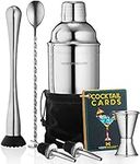 Mixology Cocktail Shaker Set Drink Mixer, 8-Piece Portable Bartender Kit with 24oz Martini Shaker Barware Tool Set, 2 Pourers, Muddler, Jigger, Mixing Spoon, Velvet Bag, Built-in Strainer (Silver)