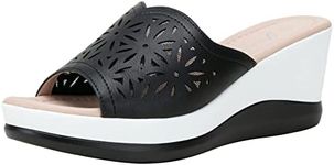 Jeossy Women Platform Wedge Sandals Black White Cutout Open Toe Outdoor Summer Slip on Shoes for Women Size 11(DJY828 Black White 11)