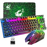 Wireless Keyboard Mouse Combo, Rainbow Backlit 2.4G Rechargeable 3800mAh Battery 87 Keys Gaming Keyboard + 2400DPI 6 Buttons Optical LED Gaming Wireless Mouse + Mouse Pad, for PC Mac, Game, Black