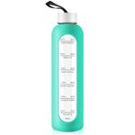 1 Liter Glass Water Bottle with Stainless Steel Lid - 1000ml Sports Drinking Bottle with Time Marker, Reusable Shatterproof Silicone Case Bottle for Fitness Gym Outdoor Travel Workout (Green)