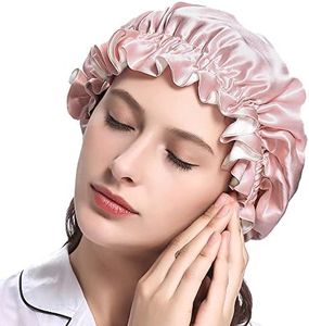 LilySilk Pure Silk Lined Cap for Women Sleep, Double Layered, Adjustable Ribbons, Luxury Natural Silk Bonnet Cap for Sleeping Rosy Pink+Ivory