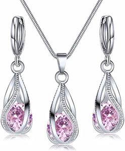 IFKM silver Jewelry Sets for women girls Rhinestone Crystal CZ Bridal Bridesmaid Accessories Necklace Earrings set for Wedding Prom Anniversary Birthday Gifts (Pink)