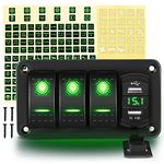 GOOACC 3 Gang Rocker Switch Panel Green Backlit with 4.8 Amp Dual USB Charger Voltmeter Waterproof 12V 24V DC Rocker Switch with Night Glow Stickers for Car Trucks Boats RVs,2 Years Warranty