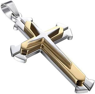 Flongo Collier Pendentif Homme Acier Inoxydable Mode Triple Croix Poli Chrétien Prièrre Fantaisie Bijoux Cadeau Couleur Argent Or