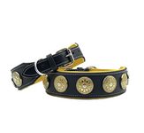 Leather dog collar, collar, leather dog collar, studs, LEATHER COLLAR Studded Wide Dog Collar (Total Length 22'' Inches, Black With Yellow)