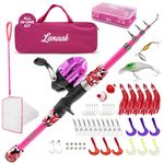 Lanaak Kids Fishing Pole and Tackle Box - with Net, Travel Bag, Reel and Beginner’s Guide - Rod and Reel Kit for Boys, Girls, or Youth (Pink)