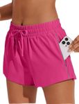 PINSPARK Womens Running Shorts with Liner Quick Dry Athletic Sporty Short Drawstring Elastic Waist with Zip Pockets, Hot Pink, XX-Large