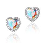 YOMELA Cubic Zirconia Earrings, Heart Earrings for Women Hypoallergenic White Gold Small Dainty Aurora Borealis Halo CZ Stud Earrings Birthstone Earrings for Women