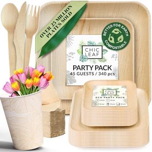 Chic Leaf Party Supplies Tableware 340 Pcs Bulk Pack for 45 Guests - Biodegradable Palm Leaf Disposable Dinnerware Set - Sturdy 10'' & 7'' Disposable Plates w/10 Oz Cups, Napkins Forks Knifes & Spoons
