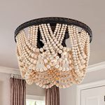 Boho Wood Beaded Chandelier, Bohemia 3 Lights Flush Mount Ceiling Light Fixtures with Engraving Pattern,Farmhouse Chandeliers for Living Room Passway Foyer Entryway Hallway Nursery,Oil Rubbed Bronze