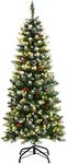 Goplus 5ft Pre-lit Pencil Christmas Tree, Snow Flocked Artificial Hinged Xmas Tree w/Metal Base, 408 Tips, 250 Lights, Pine Cones & Red Berries, Holiday Decoration for Indoor, Home, Office, Shop