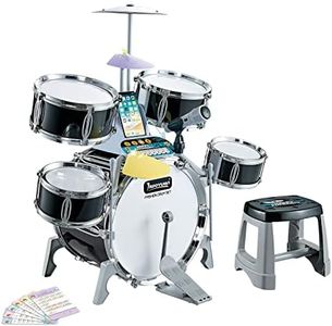 Kids Jazz Drum Set Junior Musical Educational Instrument Toy Kit Childrens Learning Preschool Playset with Stool Plastic,Free 6 Music Note Cards,Color:Black&White