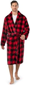 PAVILIA Mens Soft Robe, Plaid Red | Warm Flannel Fleece Robes for Men, Soft Spa Bathrobe with Piping, Shawl Collar, and Pockets (Black and Red Buffalo Plaid Checkered)