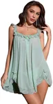 OYOANGLE Women's 2 Piece Mesh Sheer Floral Lace Babydoll Slip Dress Nightgowns and Thong Lingerie Set Mint Green X-Large