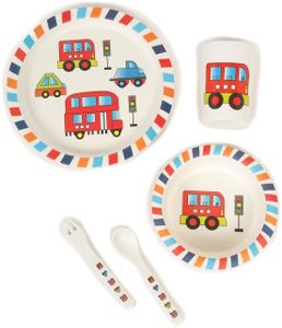 Little Ginnie Bamboo Fiber Dinner Set for Kids, Non Toxic Baby Tableware Set of 5 (Plate, Bowl, Fork, Spoon, Cup) -Multicolor Car Print