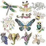 12 Pcs Women Brooches Bulk Set Rhinestone Crystal Vintage with Hummingbird Owl Elephant Peacock Bee Brooch Pin Animal Shape Butterfly Pins for Women Girls Christmas Gifts