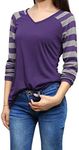 Allegra K Women's Long Raglan Sleeves V Neck Striped Tops Purple Small