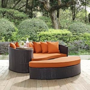 BRISHI Outdoor Patio Daybed/Sunbed/Swimming Pool Side/Sun Lounger/Garden/Terrace/Balcony/Wicker and Rattan Daybed (Dark Brown/Orange)