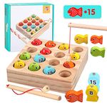 EPCHOO Fishing Game, Montessori Wooden Fishing Toy For Toddler, 15pcs Number Counting Board Fishing Pole Game Play Set, Learning Toys For 2 3 Year Old Girl Boy Kids