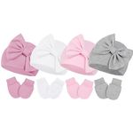 Century Star Newborn Girls Hats Baby Hat and Mitten Set Big Bow Knit Infant Headbands Winter Baby Hat for Girls, 04pcs White & Pink & Grey & Deep Pink, 0-3 Months