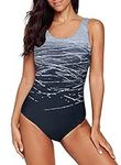 Aleumdr Womens Gradient Color X Back Swimming Costume Ladies Round Neck One Piece Swimsuit Grey XX-Large (UK Size 22-24)