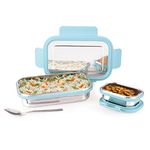 ATTRO Lunchmate Stainless Steel Lunch Box with 1 Small Container & 1 Spoon Airtight Spill-Proof BPA Free Food Grade Ideal for Office, School, Picnic, 800ml+180ml- Blue