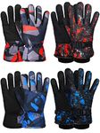 4 Pairs Unisex Kids Winter Gloves Waterproof Snow Ski Gloves Thicken Warm Sport Mittens for 8-15 Year Boys Girls Children Cold Weather Outdoor Hunting Snowboard, Red Blue Camouflage Geometric